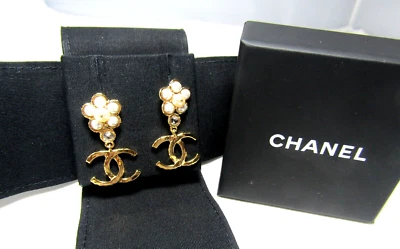 CHANEL 24P Crystal Glass Pearl Flower CC Logo Gold Plated Dangle Drop Earrings - Image 1 of 4