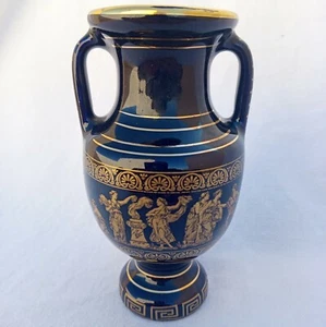 Vintage Ceramic Miniature Vase Black & Gold 24K Color Handmade 5" MADE IN GREECE - Picture 1 of 6