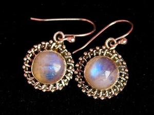 925 Pure Silver Natural Cabochon Rainbow Moonstone Dangle Earrings 1.25" New Art - Bild 1 von 5