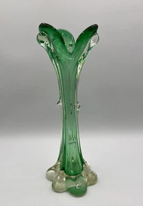 Swung Blown Glass Vase, Green/Clear, Unique Design - Picture 1 of 12
