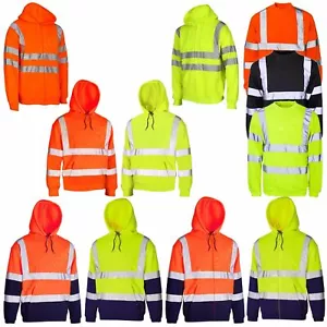 HI VIZ VIS VISIBILITY HOODED REFLECTIVE WORK ZIP FLEECE SWEATSHIRT JACKET SIZE - Picture 1 of 15