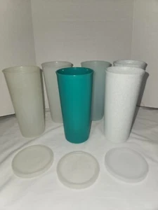 6er Set Vintage Tupperware Pastell Sprenkel Becher Tassen Stapelbar 115 mit 3 Deckeln - Bild 1 von 4