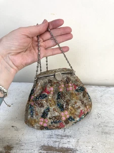 Vintage Perlen Handtasche Umhängetasche Gold Disco Party Weihnachten Bunt - Bild 1 von 9