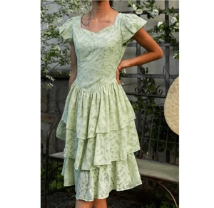 Ivy City Co Mimi Ruffle Midi Dress Sage Green Sz 14 Short Sleeve Floral Textured - Picture 1 of 15