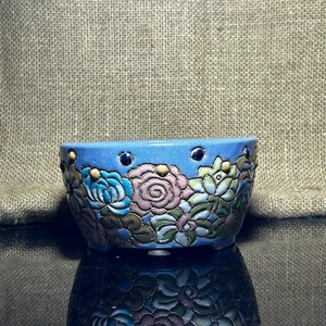 Unique Bonsai tree pot, colorful flower carving and craft, size 5.2" - Picture 1 of 10
