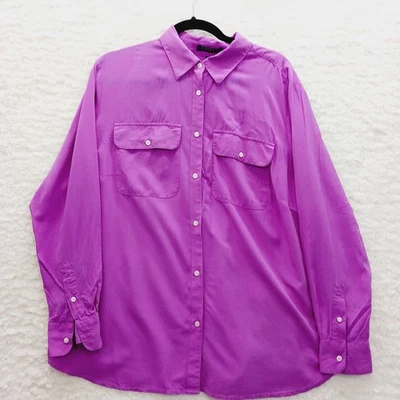 Blouse Size 1X Button-Up Pink Purple Luxe Minimalist Power Office Siren Pockets - Image 1 of 4