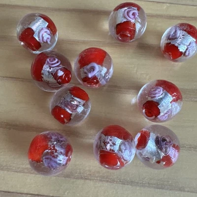 10 RED W/ FOIL PINK FLOWER ROUND 12mm Lampwork glass beads -  DIY jewelry - Image 1 of 4