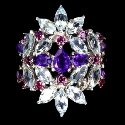 925 Sterling Silber Ring Birnen Amethyst Aquamarin Rhodolith Edelstein Schmuck 8 - Bild 1 von 4