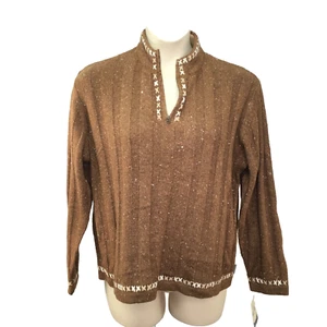 Woolrich Womens XL Brown Cream Sweater 1/4 Zip Long Sleeve Pullover Cotton Blend - Picture 1 of 12