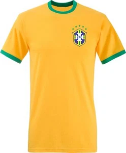 Retro Brazil Ringer T Shirt. Slim fit Brazilian Soccer Football Tee unisex top - Picture 1 of 2