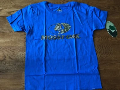 NEW Mossy Oak Boys T-Shirt Youth Large Top Blue Camo Deer Hunting Tee Fishing - Image 1 of 4