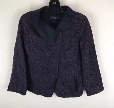 Talbots Sz 6P Red Blue Floral Lace Snap Cotton Blend Long Sleeve Blazer - Image 1 of 4