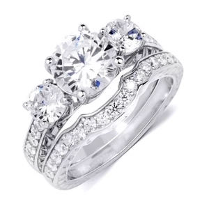 Juego de anillos de compromiso de alianza de boda de corte redondo de 3,5 quilates plata nupcial talla 5-9 - Imagen 1 de 8