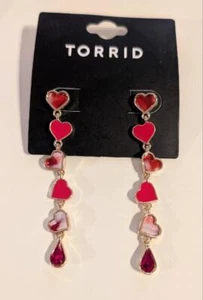 Valentine's Day Earrings Long Strand Dangling Red Enamel Hearts Torrid 3" SWEET! - Picture 1 of 3