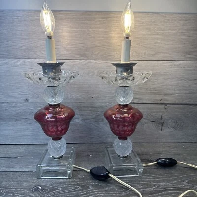 Vintage Art Deco Cranberry Glass 18” Table Mantel Lusters Electric Lamp~set Of 2 - Image 1 of 4