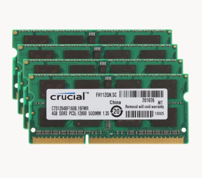 Crucial 4X 4GB 2RX8 PC3L-12800S DDR3 1600Mhz 204Pin Laptop Memory RAM SODIMM #￥ - Image 1 of 4