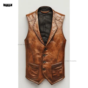 Men’s Brown Leather Vest - Men's Vest Biker - Prime Quality Vest - S to 5XL - Picture 1 of 12