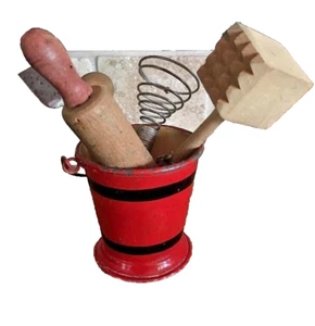 Antique German red metal Pail Bucket with implements - Picture 1 of 3