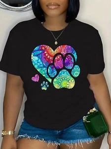 Large Geometric Print T-Shirt- Women'S Casual Round Neck Short Sleeved Top - Picture 1 of 13