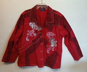 Denim & Co. Ladies 2X Red Leopard Print Embroidered Paisley Denim Jacket - Picture 1 of 8