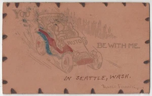 1909 Seattle, Washington - handgefertigte Leder Postkarte - You "Auto" Be With Me - Bild 1 von 2