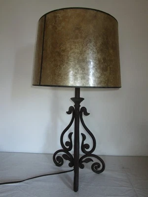 Heavy Brown Wrought Iron Table Lamp w/Blonde Mica Drum Shade *Flaw - Image 1 of 4