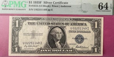 🔥3 Consecutive🔥1935F $1 Silver Certificate FR. 1615 UI Block PMG 63EPQ & 64EPQ - Image 1 of 4