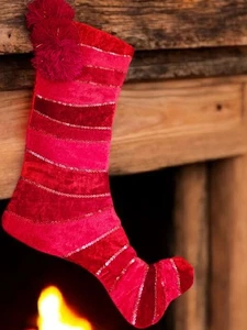 Large Red Sequined Striped Fireplace Christmas Stocking Elf Like Toes Pom Poms  - Picture 1 of 7