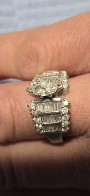 14K белое золото женщины размер 8,75 маркиза бриллиант кольцо + багеты 6,6 g - Изображение 1 из 4