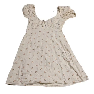 Urban Outfitters Cassia Puff Sleeve Floral Mini Dress Ivory Smocked Ruffle Tie - Picture 1 of 5