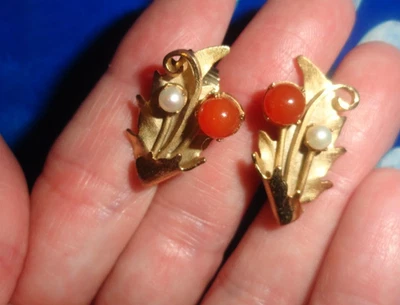 Vintage STAR Golden Leaf with Coral and Faux Pearl Clip On Earrings - Image 1 of 4