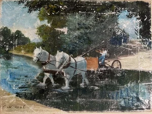 Cantrell Vintage rustikale Farbe abgebrochene Malerei weißes Pferd Buggy Flussüberquerung - Bild 1 von 10