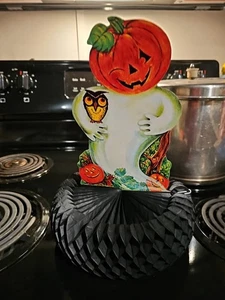 Vintage Halloween zwinkernder Geist gestanzt Waben Herzstück Kürbis Eule - Bild 1 von 5