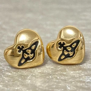 Vivienne Westwood Heart Stud Earrings Gold with Pouch and Jewelry Cloth Rare JP - Picture 1 of 5