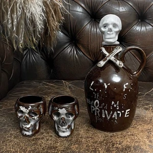 Vintage 1950s Skeleton Skull Decanter & Shot Glass Ceramic Japan LAY OFF - Picture 1 of 2