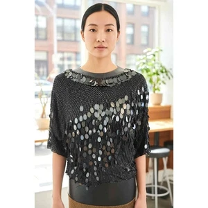 Vintage Oleg Cassini schwarz Pailletten Perlen Seide Top Gr. M/L Gummibund gefüttert! - Bild 1 von 8