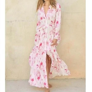 Misa Abigail Floral Maxi Shirt Dress M Pink White Rose Floral Print Ruffles Boho - Picture 1 of 7