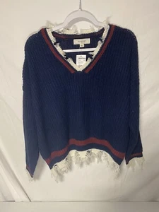 New No Comment Navy Blue Cutout Distressed Sweater Size XL New With Tags!! - Picture 1 of 5