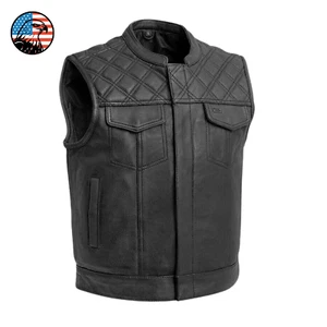 Men's Black Real Cowhide Leather Biker Motorcycle Vest Diamond Cut Club Quilted - Picture 1 of 6