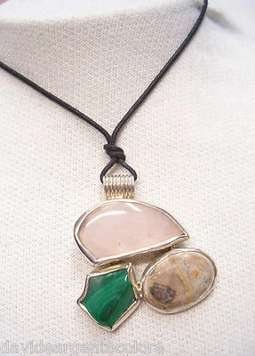 Ciondolo in ARGENTO 925 con PIETRE DURE naturali -Quarzo Rosa Agata Malachite - Immagine 1 di 3