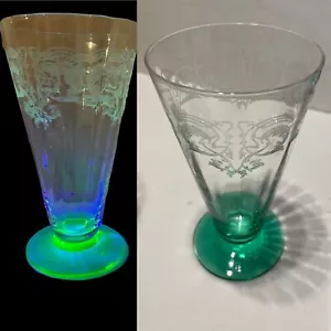 2 Uranium Depression Glass Etched Footed Cocktail Glasses Cups Uranium Vaseline - Picture 1 of 8