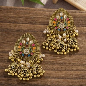 Pendientes de boda vintage bohemios indios con borla tallada en flores - Imagen 1 de 5