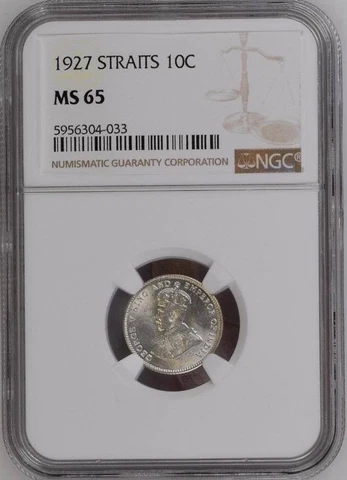 STRAITS SETTLEMENTS King George V, 10 Cents, 1920 NGC MS 65. BUNC Cover