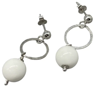 ORECCHINI PENDENTI SFERE BOTTONE ANELLI PERLE DI AGATA BIANCA ARGENTO 925 DONNA. - Immagine 1 di 4