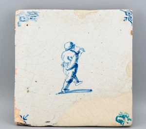 Antique Dutch Delft Tile Blue Musician Playing Wind Instrument 18th Century 13cm - Picture 1 of 9