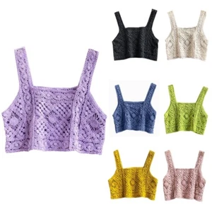 Women Crochet Sleeveless Crop for Tank Top Retro Knit Plaid Square Neck Sweater - Picture 1 of 13