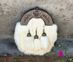 Scottish Leather Kilt Sporran 3 Tussle Brown Rabit Fur Sporran With Chains&Belt. - Picture 1 of 7