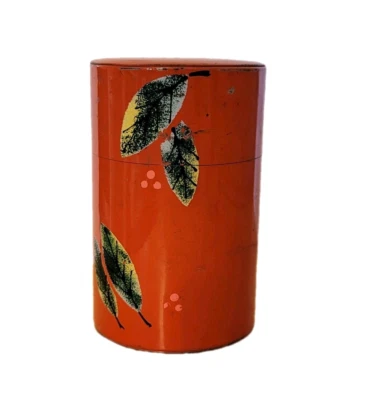 Carrito de té japonés vintage lata metal bote caja de almacenamiento con tapa naranja con hojas Foto 1 de 4