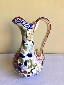 Vintage Gien France A La Main Hand Painted Pottery Floral Handled Water Pitcher - Picture 1 of 9