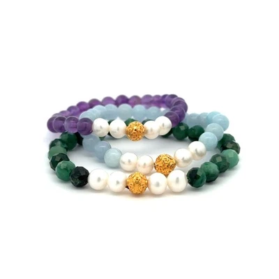 18K Gold Money Coin Ball Gemstones Birthstones Pearl Amethyst Emerald 5-6mm - Image 1 of 4